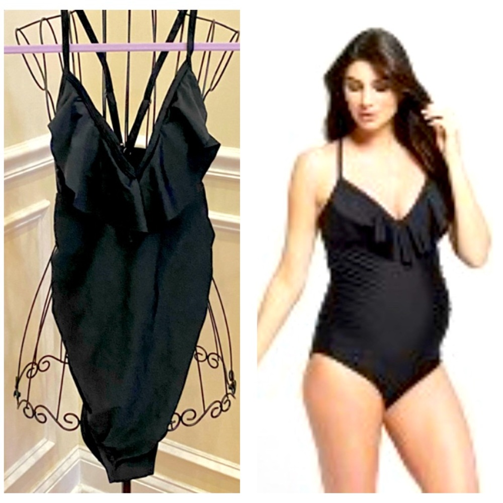 Isabel Maternity Black Ruffle Detail Maternity Swimsuit